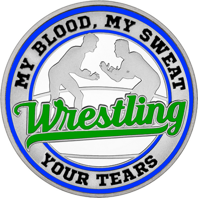 Green "Wrestling" with Royal Blue Outer Circular Borders